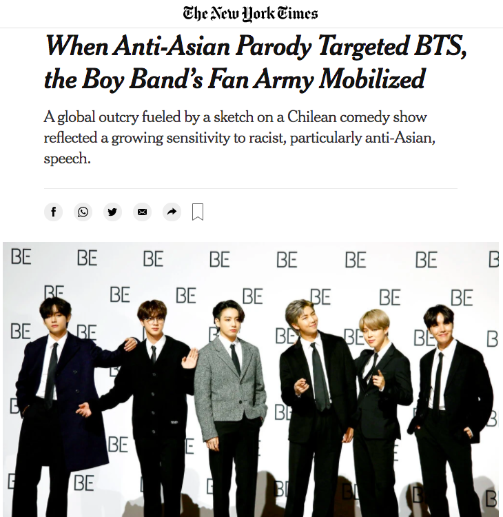 El artículo sobre la parodia de &quot;Mi Barrio&quot; a BTS en el New York Times.