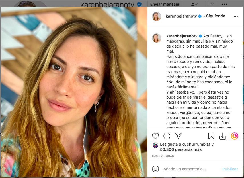 La publicación sin filtro con la que Karen Bejarano volvió a su Instagram, explicando el estado de su salud mental.