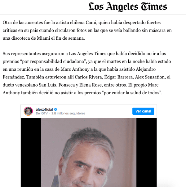 El reporte de la edición en español de Los Angeles Times sobre la ausencia de Cami Gallardo en los Latin AMAs.