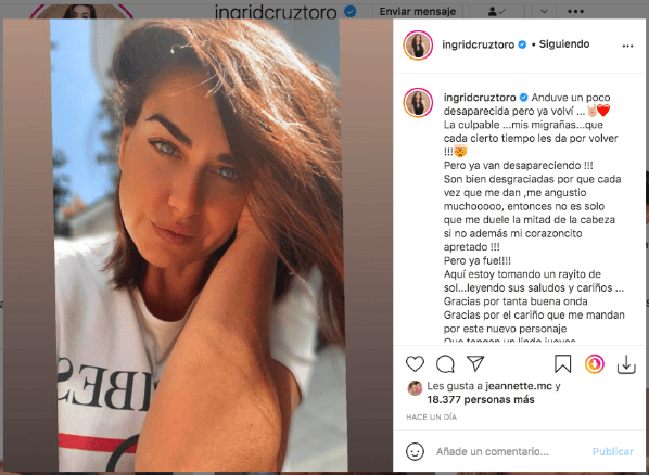 La publicación de Ingrid Cruz en su cuenta de Instagram.