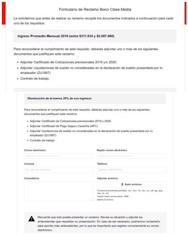 Este es el formulario que deben llenar los usuarios que apelen al resultado de la postulación al Bono Clase Media. (Foto: SII.cl)