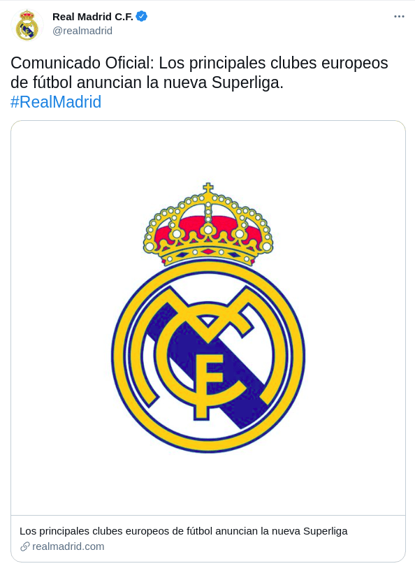 Así anunciaban a la misma hora los 12 clubes que la coordinaron la creación de la nueva Superliga de Europa.