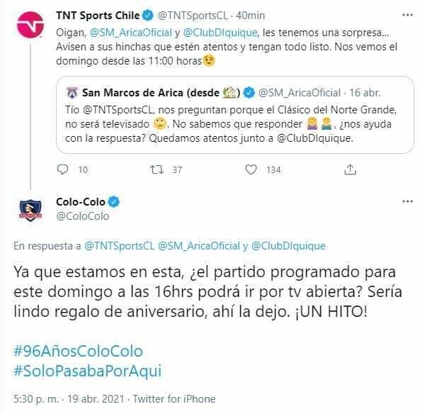 La publicación de Colo Colo posteriormente borrada.