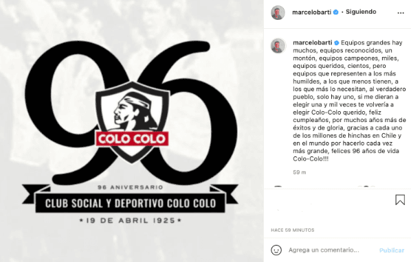 El saludo de Barticciotto a Colo Colo. Foto: Instagram