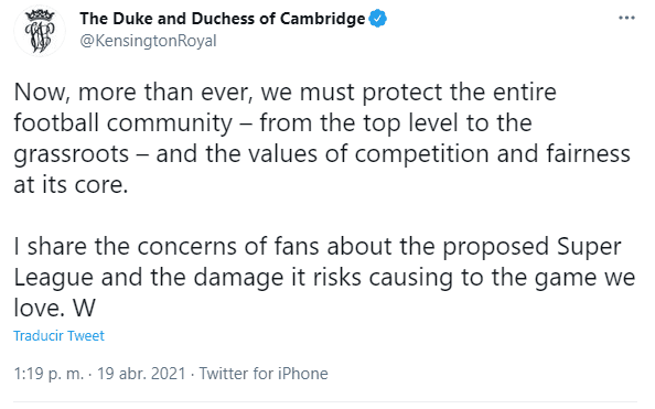 El tuit de los Duques de Cambridge sobre la Supercopa.