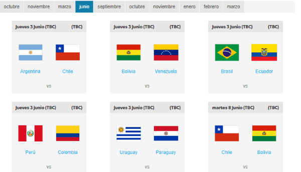 La programación de la doble fecha eliminatoria de Chile en la web de Conmebol.