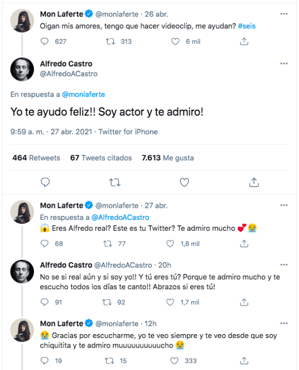 El diálogo entre Mon Laferte y Alfredo Castro en Twitter.