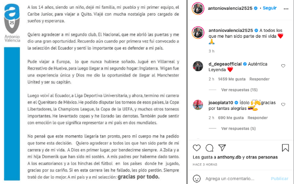 La carta de despedida de Antonio Valencia. (FOTO: @/antoniovalencia2525)