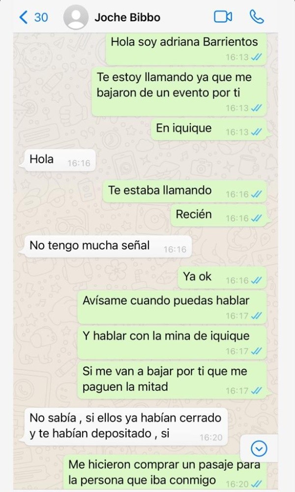 Los pantallazos de Whatsapp que dejaron expuesta la pelea entre Adriana Barrientos y Joche Bibbó.(1)