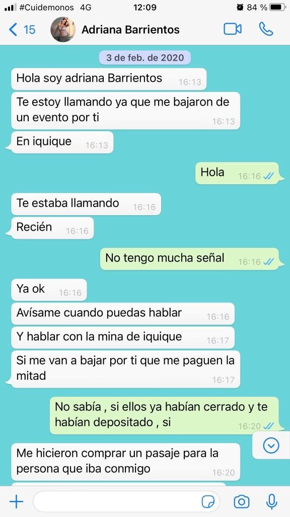 Los pantallazos de Whatsapp que dejaron expuesta la pelea entre Adriana Barrientos y Joche Bibbó.(2)