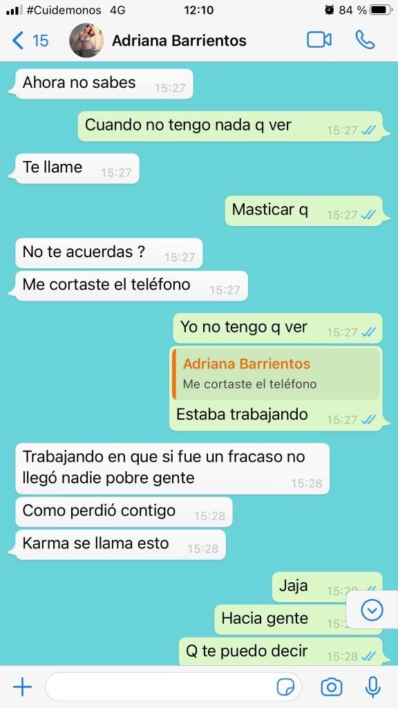 Los pantallazos de Whatsapp que dejaron expuesta la pelea entre Adriana Barrientos y Joche Bibbó.(4)