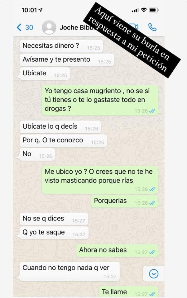 Los pantallazos de Whatsapp que dejaron expuesta la pelea entre Adriana Barrientos y Joche Bibbó.(5)