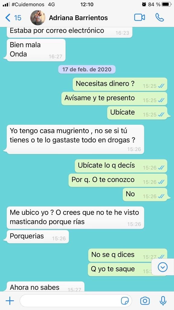 Los pantallazos de Whatsapp que dejaron expuesta la pelea entre Adriana Barrientos y Joche Bibbó.(6)