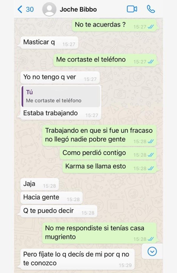 Los pantallazos de Whatsapp que dejaron expuesta la pelea entre Adriana Barrientos y Joche Bibbó.(7)
