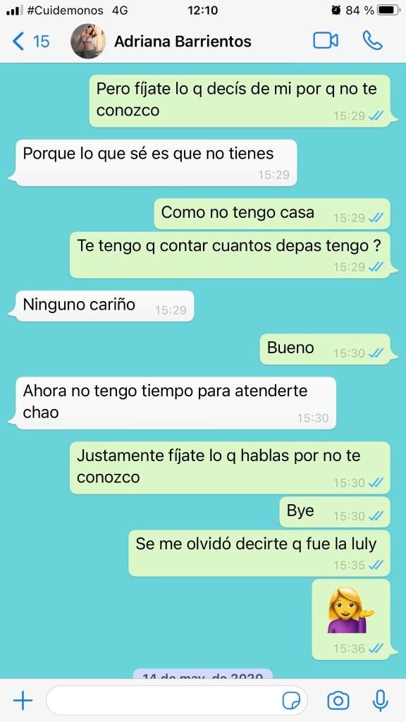 Los pantallazos de Whatsapp que dejaron expuesta la pelea entre Adriana Barrientos y Joche Bibbó.(8)