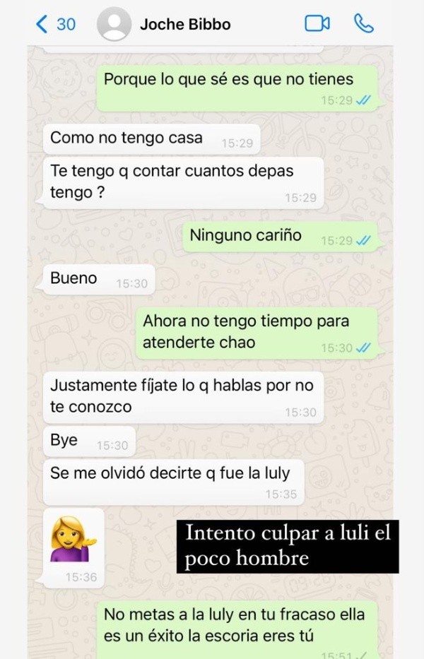 Los pantallazos de Whatsapp que dejaron expuesta la pelea entre Adriana Barrientos y Joche Bibbó.(9)