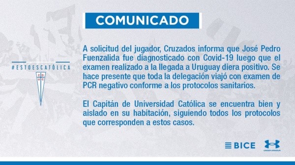 El comunicado de Universidad Católica por el positivo de Fuenzalida.