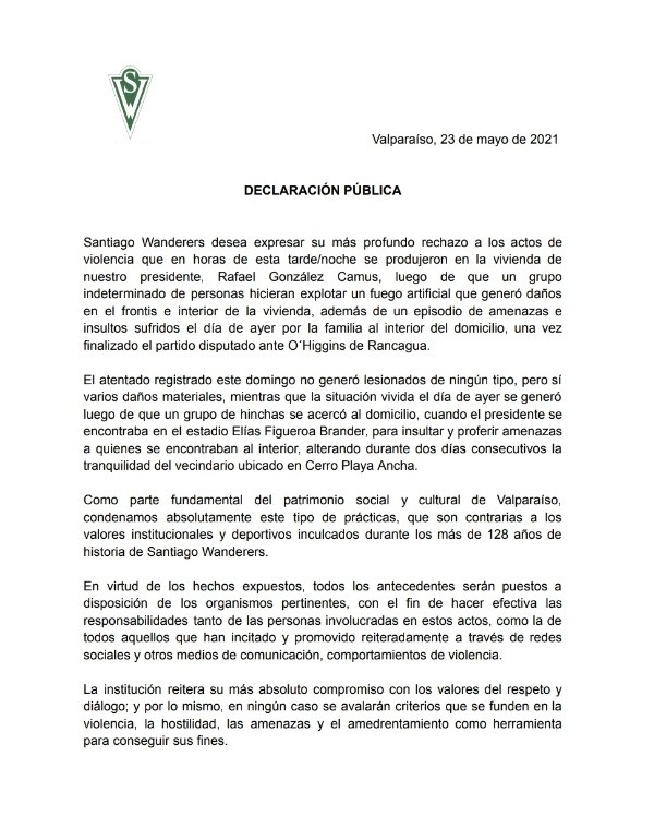 El comunicado de Santiago Wanderers.