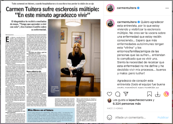 La última publicación en Instagram de Carmen Tuitera.