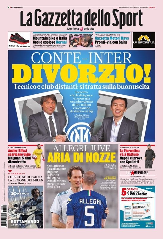 La portada de La Gazzetta dello Sport anuncia la separación de Conte y el Inter.