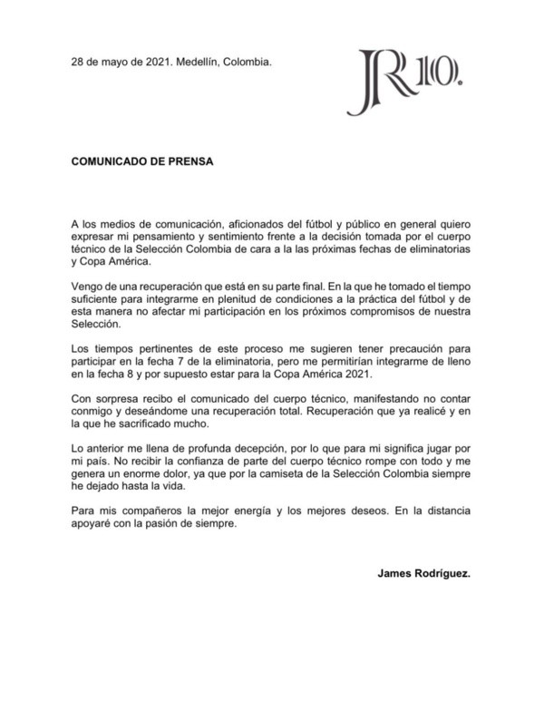 La carta de James Rodríguez