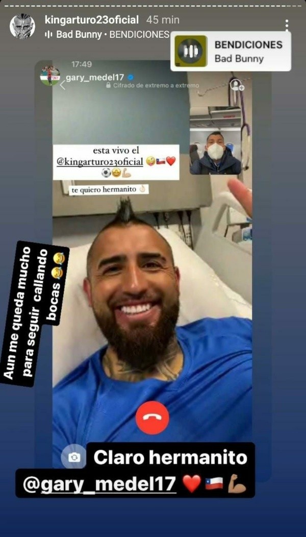 El saludo de Gary Medel con la respuesta de Arturo Vidal en su Instagram.