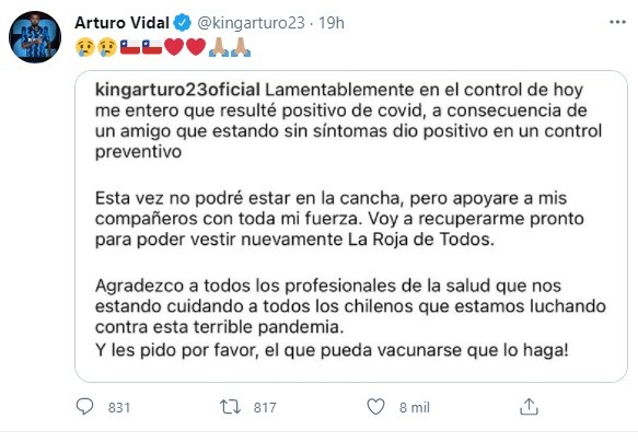 Arturo Vidal se pierde la fecha de eliminatorias por Covid-19 positivo.