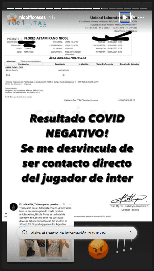 La historia compartida por Nicol Flores, recalcando que no fue el contacto estrecho de Arturo Vidal.