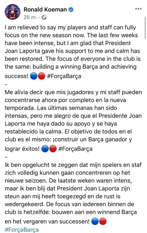 El mensaje de Ronald Koeman tras confirmarse su continuidad.