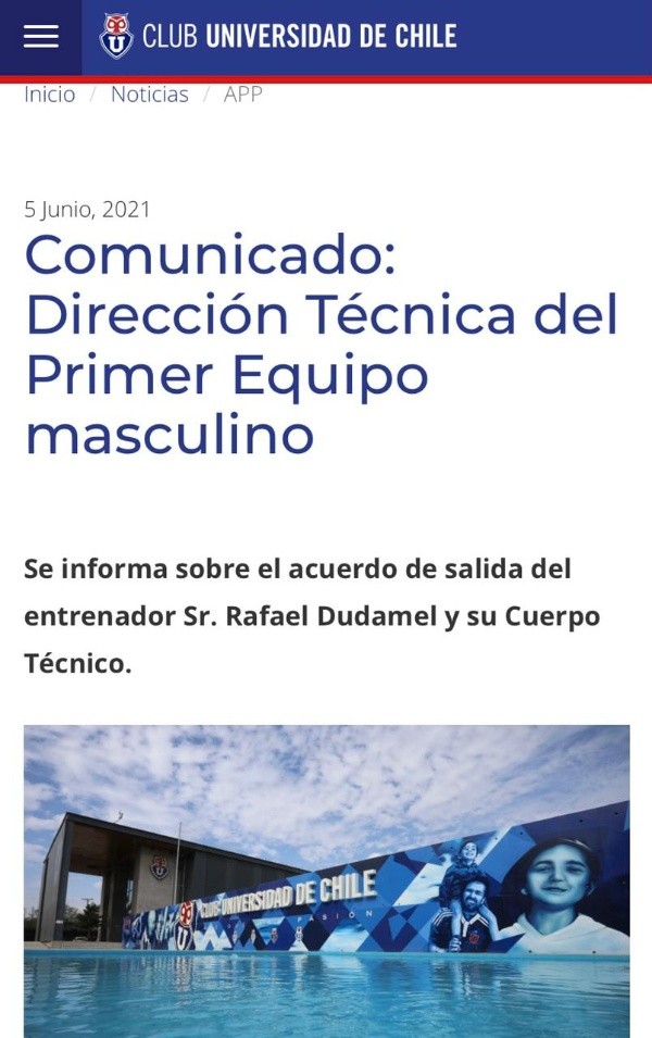 Comunicado de Universidad de Chile por la salida de Rafael Dudamel (U de Chile)
