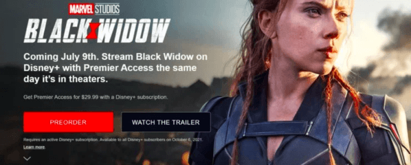 Black Widow: La página de pre-orden con la fecha del estreno sin cargos extras.