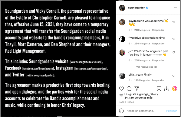 Las declaraciones de Soundgarden, tras recuperar el control sobre sus redes sociales.(1)