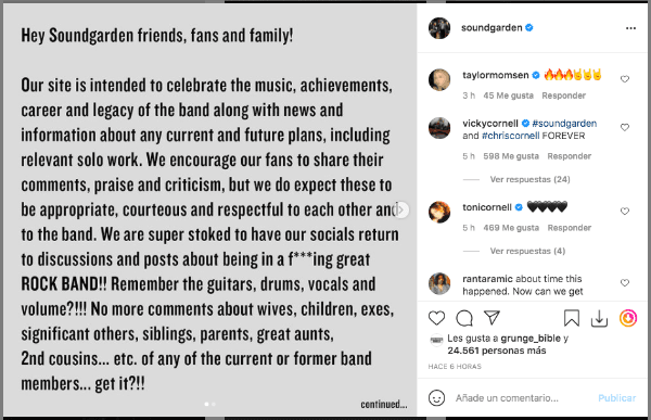 Las declaraciones de Soundgarden, tras recuperar el control sobre sus redes sociales.(3)