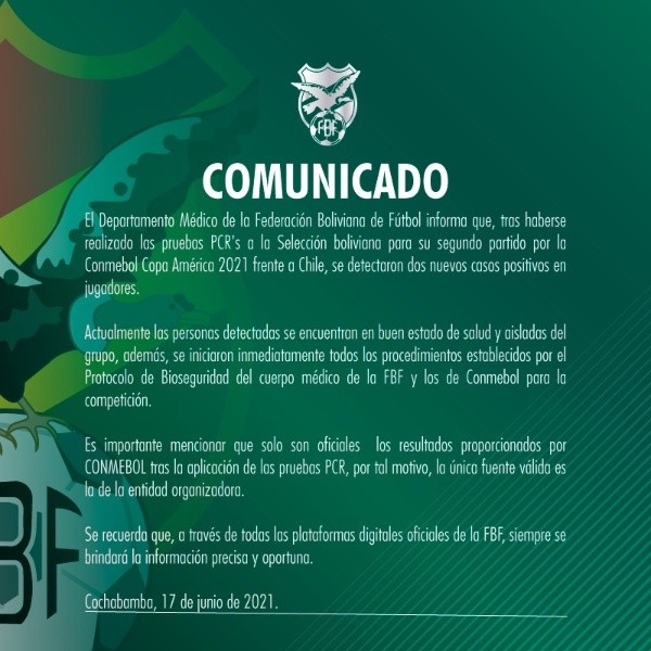 El comunicado de la FBF y los dos nuevos casos de coronavirus en la selección boliviana.