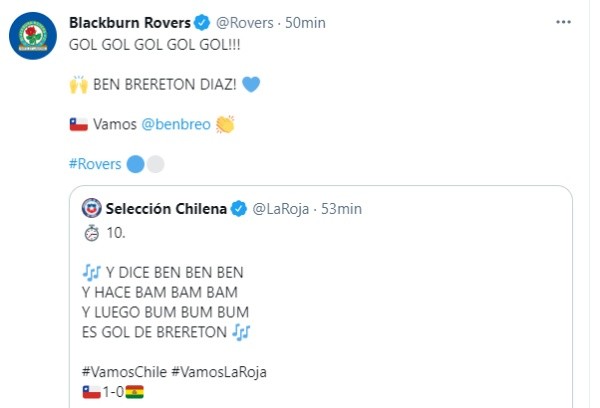 Blackburn Rovers reacciona al primer gol de Ben Brereton con la selección chilena.