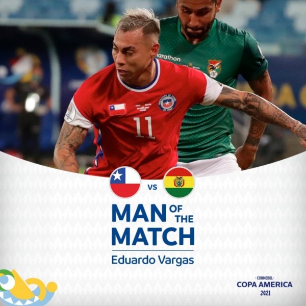 Edu Vargas fue elegido como el jugador del partido entre Chile y Bolivia por la organización de la Copa América.