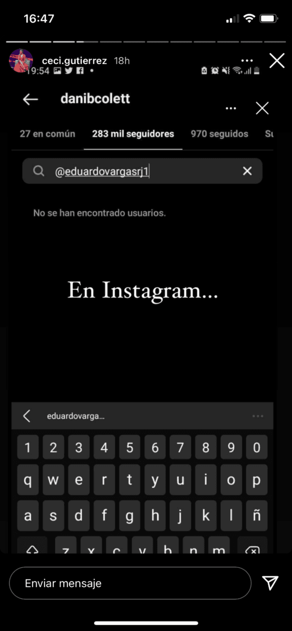 Cecilia Gutiérrez evidenciando que Eduardo Vargas dejó de seguir a Daniela Colett.