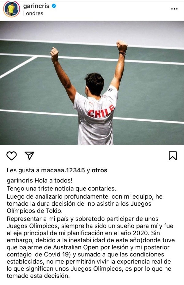 Cristian Garin anuncia que no participará en los Juegos Olímpicos (Instagram)