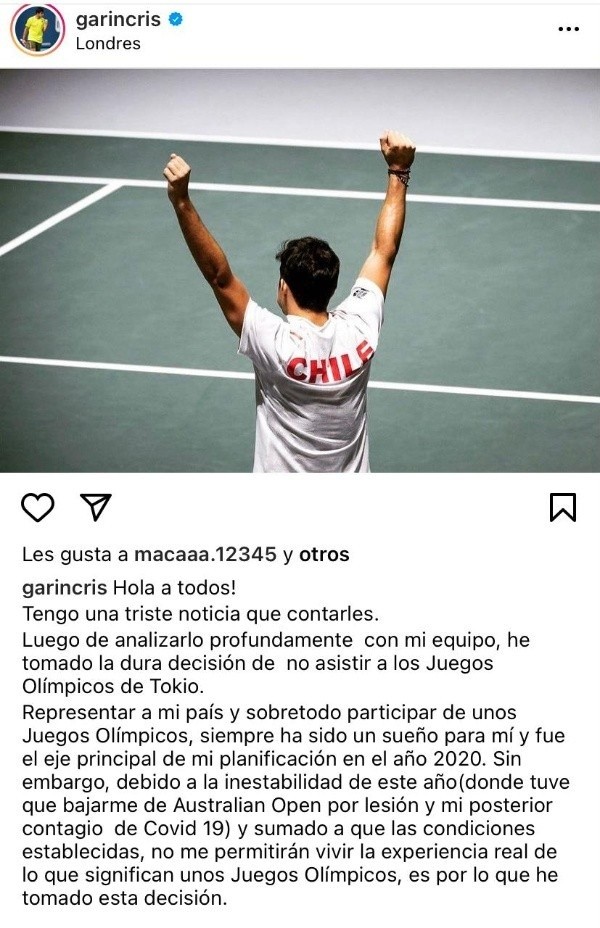 Garin anunció que no representará a Chile en los Juegos Olímpicos y el Coch reacciona con lamento.