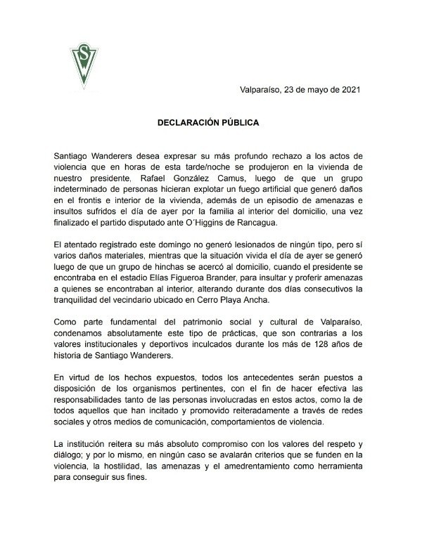 El comunicado de Santiago Wanderers tras el atentado.