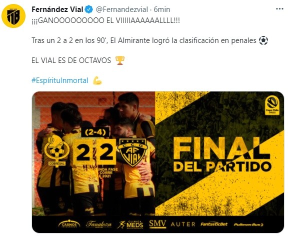 Fernández Vial y el festejo tras dar la sorpresa en Copa Chile 2021.