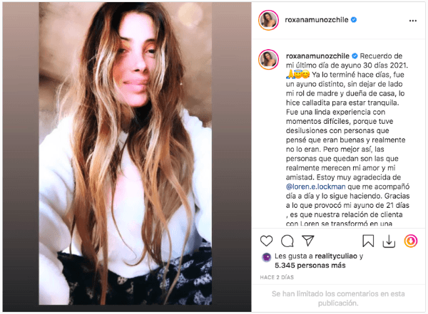 La publicación con que Roxana Muñoz confirmó un nuevo ayuno, esta vez de un mes.(1)