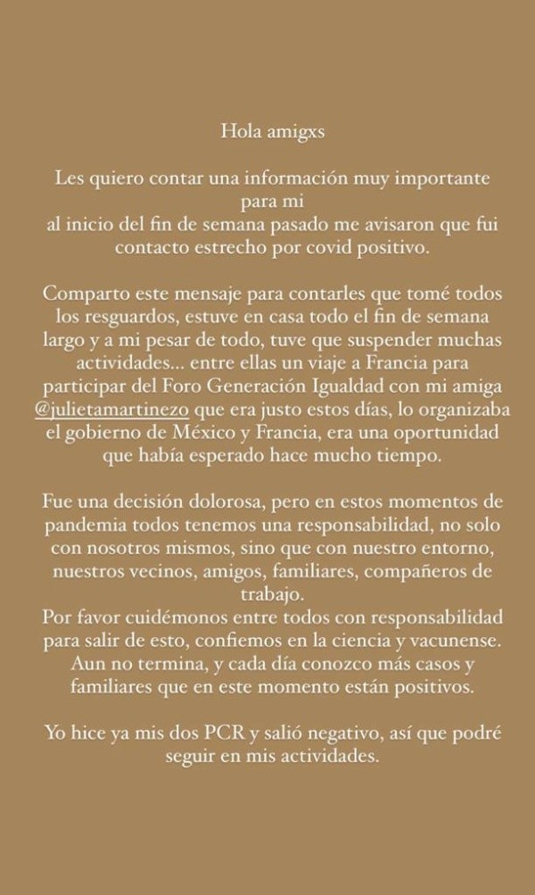 La historia publicada por Belén Soto, confirmando que fue contacto estrecho.