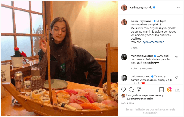 La publicación con que Celine Reymond celebró los 18 años de su hija.(1)