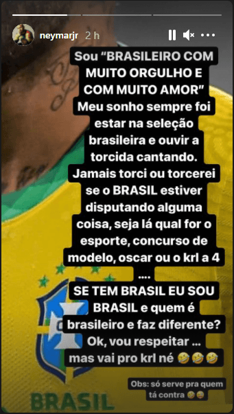 El mensaje de Neymar en sus historias de Instagram.