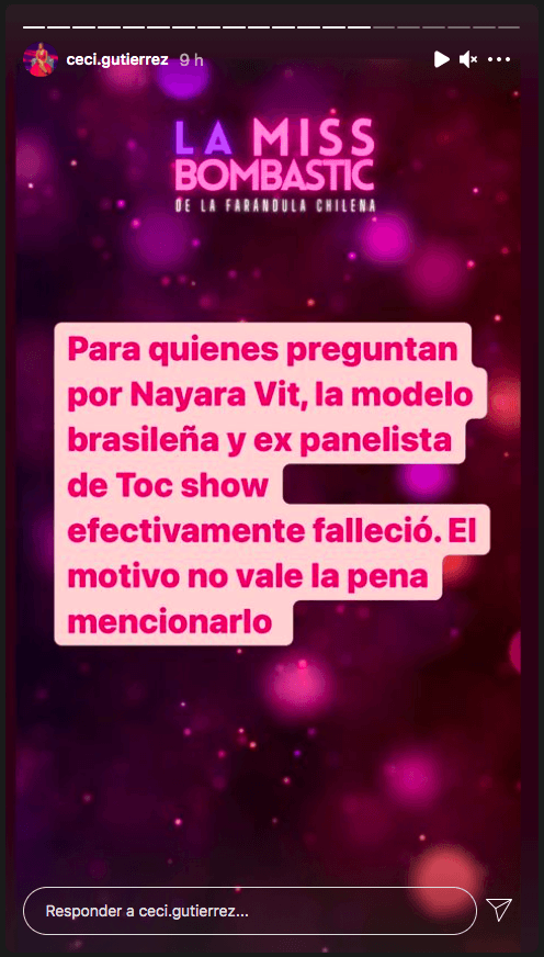 La información sobre Nayara Vit publicada por Cecilia Gutiérrez en Instagram.