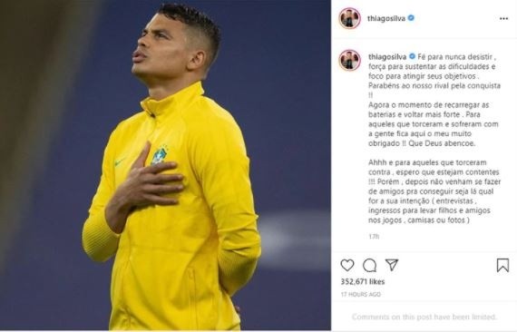 Thiago Silva y su mensaje en Instagram