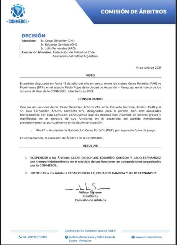El comunicado de Conmebol por la suspensión de ambos árbitros.