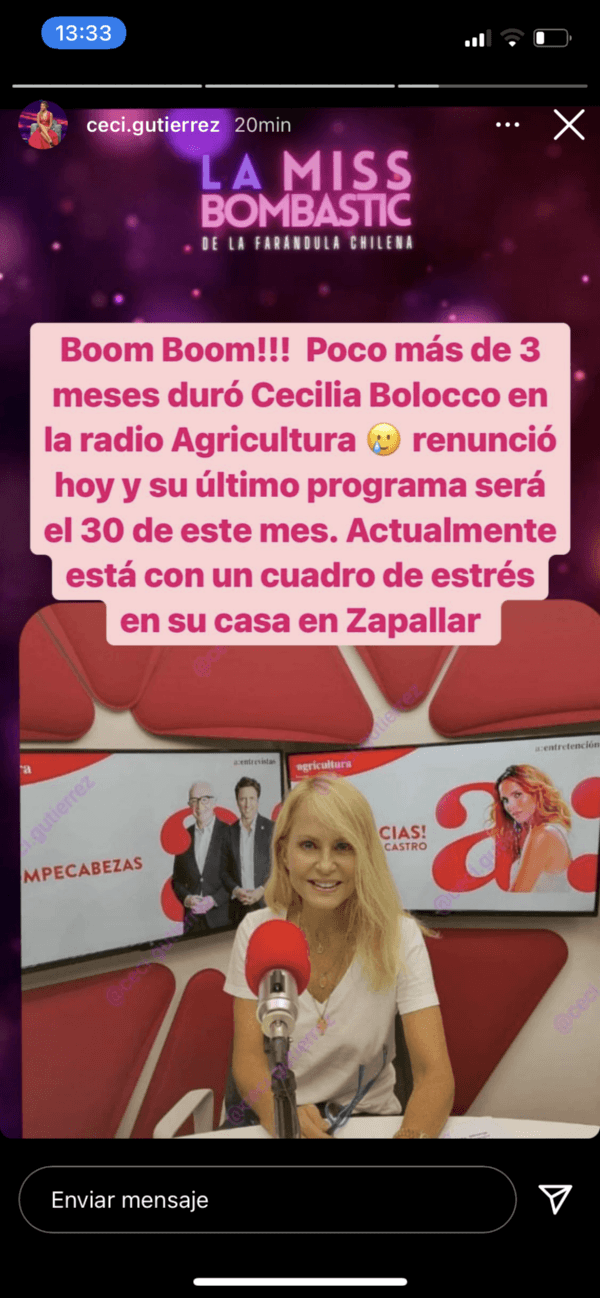 La publicación de Cecilia Gutierrez sobre el retiro de Cecilia Bolocco del mundo radial.