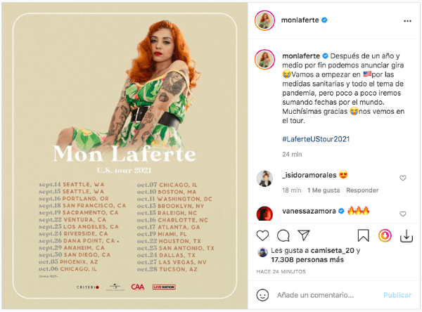 La publicación de Mon Laferte con el anuncio de su gira por Estados Unidos.